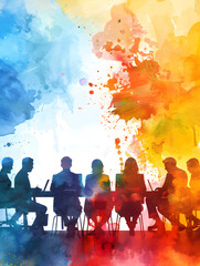 Poster - 3D Flat Icon People Meeting with Watercolor Notes and Tablets on Dreamy Background | Business Meetings Symbolizing Traditional Art and Modern Technology | Isolated White Background
