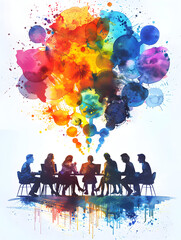 Poster - A group of people discussing watercolor reports on whiteboards in a whimsical background   Creative Visual Communication in Business Meetings