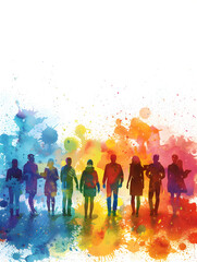 Poster - A group of people interacting with watercolor technology interfaces on laptops   Seamless integration of art and digital tools in business technology