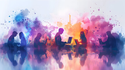 Poster - a group of people interacting with watercolor technology interfaces on laptops seamless integration 