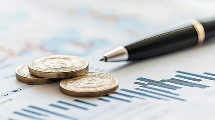Poster - Gold Coins and Pen Resting on a Financial Graph