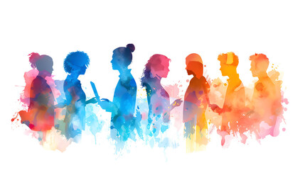 Poster - A group of people interacting with watercolor technology interfaces on laptops against a dreamy background | Seamless integration of art and digital tools in business tech