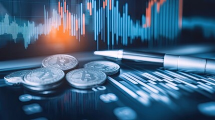 Poster - Cryptocurrency Coins Laying on a Stock Chart with a Pen