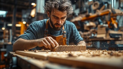 Wall Mural - A man is working on a piece of wood, sanding it down