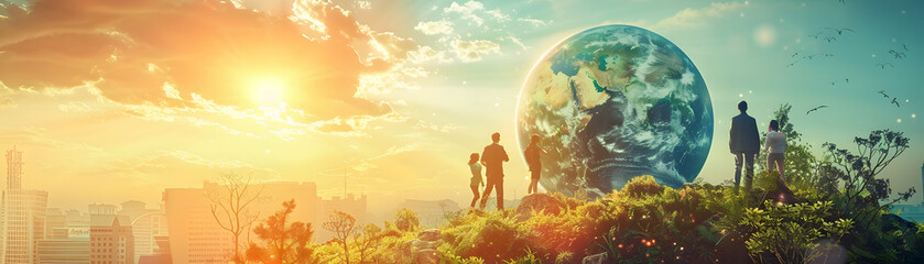 Poster - photo realistic people presenting eco friendly project proposals with earth model on whimsical backg
