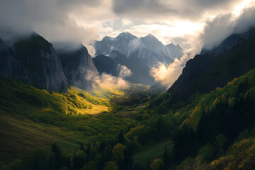 Wall Mural - clouds over a mountain valley