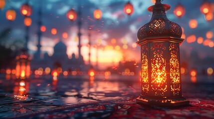 Wall Mural - Lantern Glow Against Mosque Silhouette at Night Generative AI