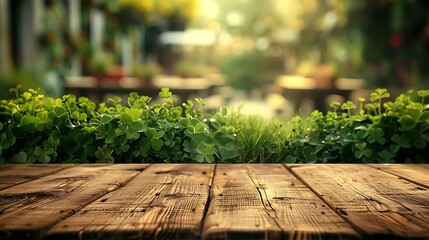 A table set with green clovers and festive decor, blurred background of a crowded St. Patrick's Day celebration, bright ambient light, creating a joyful and lively atmosphere, vibrant colors,