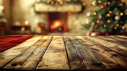 A wooden table with a festive red tablecloth, blurred background featuring a twinkling Christmas tree and a warm fireplace, soft golden lighting, decorated with holiday ornaments,