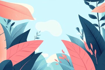 Wall Mural - Abstract Illustration of Tropical Leaves Against a Blue Sky