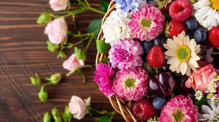 Poster -   A basket brimming with diverse floral arrangements, adjoined by strawberries and raspberries