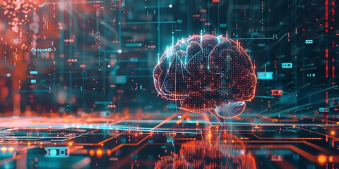 Aufkleber - Abstract digital brain with glowing lines and circuits, set against a backdrop of tech icons and data streams, representing the concept of artificial intelligence