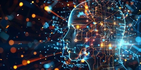 Aufkleber - Modern AI concept with a face made from circuits and data lines, set against a background of tech symbols and glowing icons, representing artificial intelligence and technology