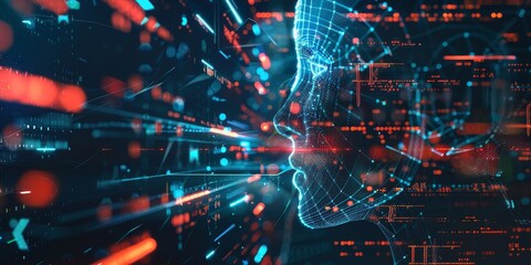 Aufkleber - 3D rendering of an abstract AI head with data streams and binary codes flowing through, surrounded by holographic symbols and digital graphs on a dark background