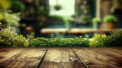 An empty table adorned with green clovers and decorations, blurred background of a bustling St. Patrick's Day party, soft warm light, creating a festive and joyful atmosphere, vibrant and lively,