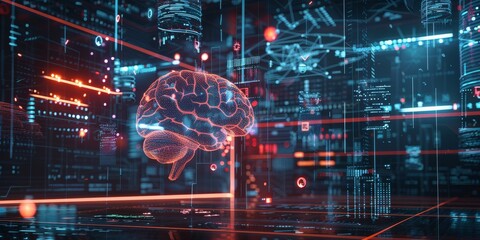 Aufkleber - Holographic 3D brain with neural connections, surrounded by floating digital symbols and graphs, depicting advanced AI and machine learning concepts in a dark setting
