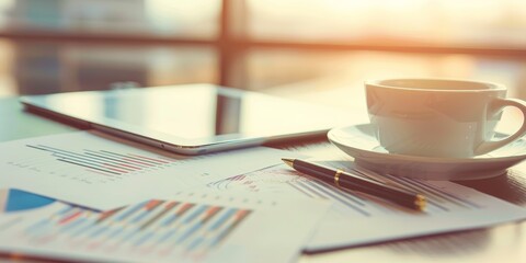 Leinwandbilder - Close-up of an appraisal report on a tablet, with financial documents, a pen, and a cup of coffee on a sleek office desk, representing detailed business evaluation