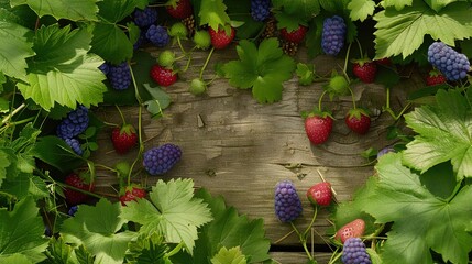 Sticker -   Grapes, raspberries, and strawberries thrive on a wooden plank surrounded by lush green foliage under the warm embrace of the sun