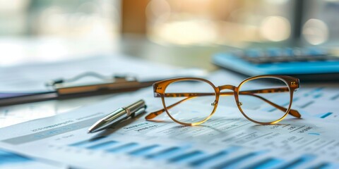 Leinwandbilder - Close-up of an office desk with an open appraisal report, pen, and glasses, emphasizing the meticulous review and evaluation process in a corporate environment