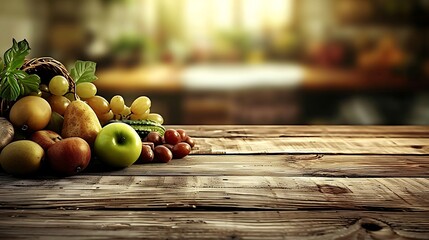 An empty table with a cornucopia centerpiece filled with fruits and vegetables, blurred background of a busy kitchen, soft morning light, creating a warm and festive Thanksgiving Morning atmosphere,