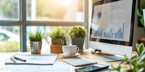 Wall Mural - Modern office environment with an open appraisal report on a desktop computer, surrounded by data sheets, graphs, and a cup of coffee, indicating detailed business analysis