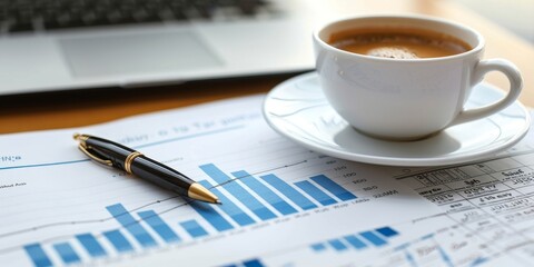 Wall Mural - High-angle view of an appraisal report on a desk, with financial charts, a pen, and a cup of coffee, symbolizing meticulous review and detailed analysis