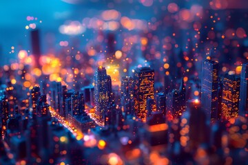 Wall Mural - A vibrant cityscape at night with tiny lights and buildings, enhanced by the tilt-shift effect. 