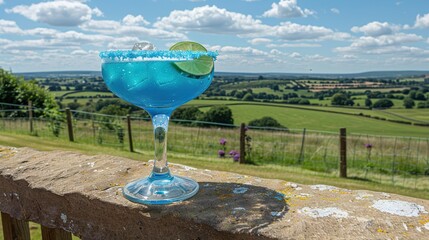 a blue drink sits atop a stone wall, surrounded by a lush green field