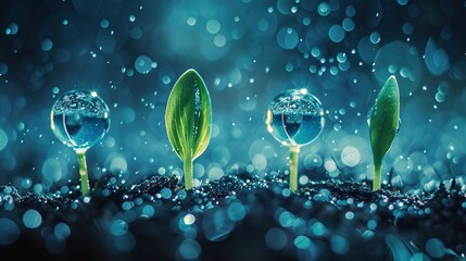 Wall Mural -  Three sprouting plants with droplets, against blue backdrop