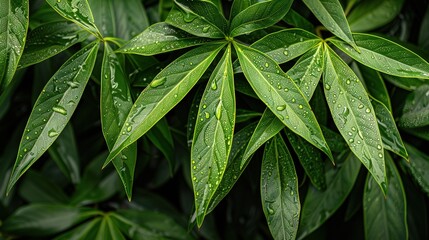 Poster -   A high-resolution close-up image of a lush green foliage plant adorned with glistening droplets of water on its leaves, set against a blurred