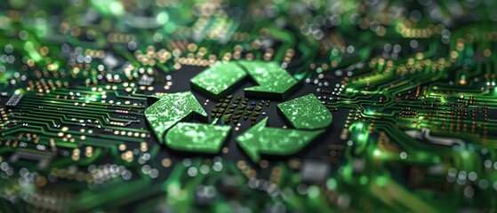 Wall Mural - Green recycle sign on circuit board, concept of green technology, tech innovations, environment, AI generated illustration, highquality image