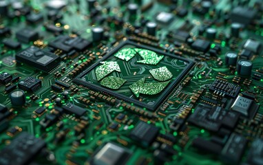 Wall Mural - Green technology concept, green recycle sign on circuit board, environment, tech innovations, AI generated illustration, highquality image