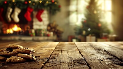 Poster - A cozy table with cookies and milk, blurred background of stockings hanging by the chimney, warm ambient light, creating a festive and inviting Christmas Eve atmosphere, soft focus, holiday cheer,