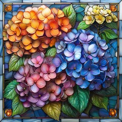 Wall Mural - Beautiful stained glass artwork featuring a vibrant display of multicolored hydrangea flowers, with intricate leaves and a rich, dark background.
