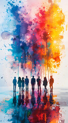 Poster - Creative Business Card Exchange with Smiling People in Watercolor Style - Ideal for a Friendly and Creative Business Setting. Photo Stock Concept.