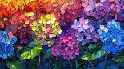 Wall Mural - Beautiful stained glass artwork featuring a vibrant display of multicolored hydrangea flowers, with intricate leaves and a rich, dark background.
