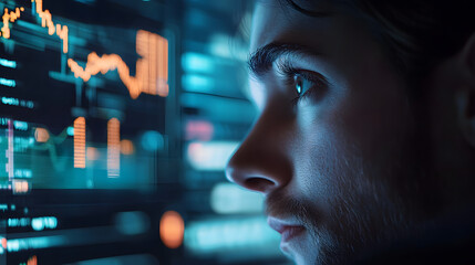 Poster - finance trade manager analyzing stock market indicators for best investment strategy, financial data