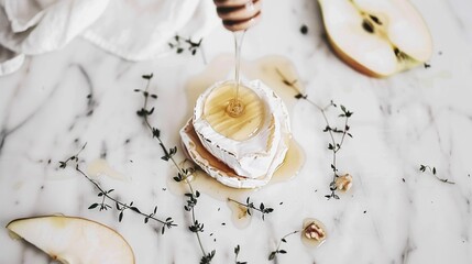 Poster -   A piece of cake sits atop a table, beside an apple slice and a honeycomb