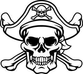 Poster - A pirate skull and crossbones jolly roger grim reaper cartoon wearing captain a hat and eye patch