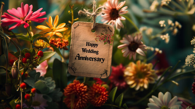 Happy anniversary card on bouquet of flowers.