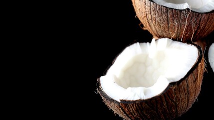 Wall Mural -   A pair of coconuts stacked on top of one another atop a black table against a black backdrop