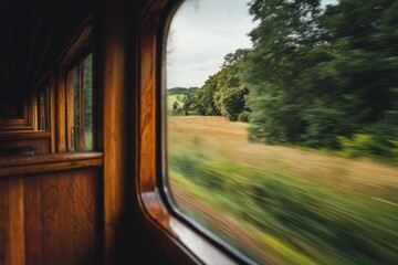 Wall Mural - A window in an old-fashioned train car, capturing the motion blur of passing fields.