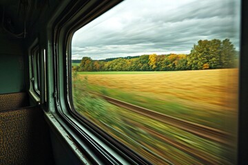 Poster - A window in an old-fashioned train car, capturing the motion blur of passing fields.