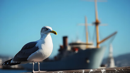 Canvas Print - Seagull with ship in background - clear blue sky - copy space