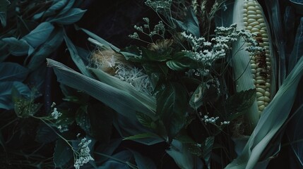 Poster -   Close-up image of a corn on the cob surrounded by leaves and flowers