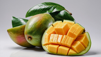 Mango tropical fruit put on wooden basket, on mango green leaf background