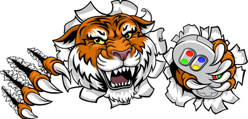 Sticker - A tiger gamer with video game controller sports team animal mascot