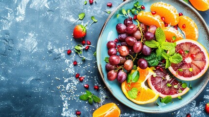 Poster -   A plate of grapefruits, oranges, and mint sprigs on a blue tablecloth is perfectly optimized