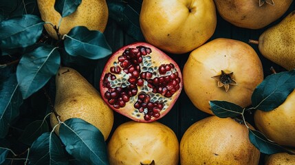 Poster -   A cluster of pomegranates stacked atop one another on a table surrounded by vibrant green foliage