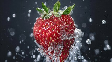 Poster -   Strawberry close-up on black background with splashing water and green leaf